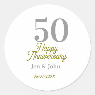 Pegatina Redonda 50th happy anniversary name date silver gold date 