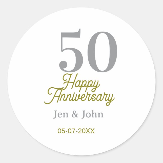 Pegatina Redonda 50th happy anniversary name date silver gold date  (Anverso)