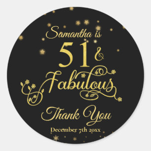 Pegatina Redonda 51 y fabuloso 51 Purpurina de oro de cumpleaños ne