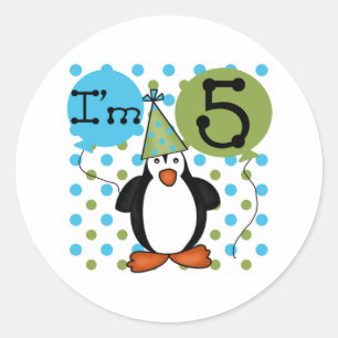 Pegatina Redonda 5.º cumpleaños del pingüino