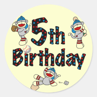 Pegatina Redonda 5to Cumpleaños del béisbol del mono del calcetín