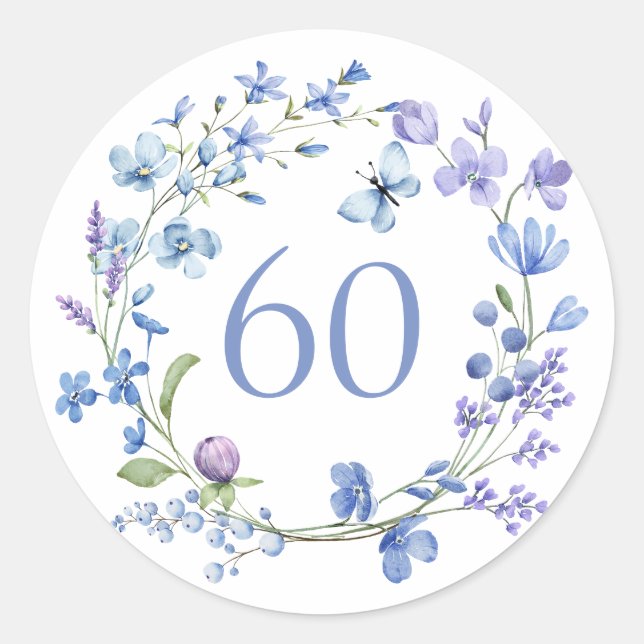 Pegatina Redonda 60.ª acuarela floral azul (Anverso)