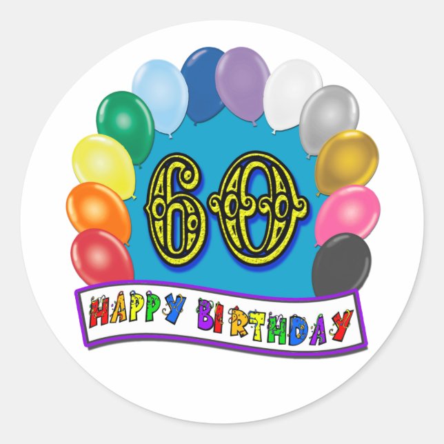 Pegatina Redonda 60.ª mercadería de los globos de cumpleaños (Anverso)