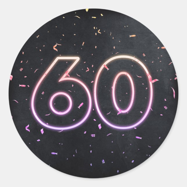 Pegatina Redonda 60.º cumpleaños Rótulo neón en negro (Anverso)