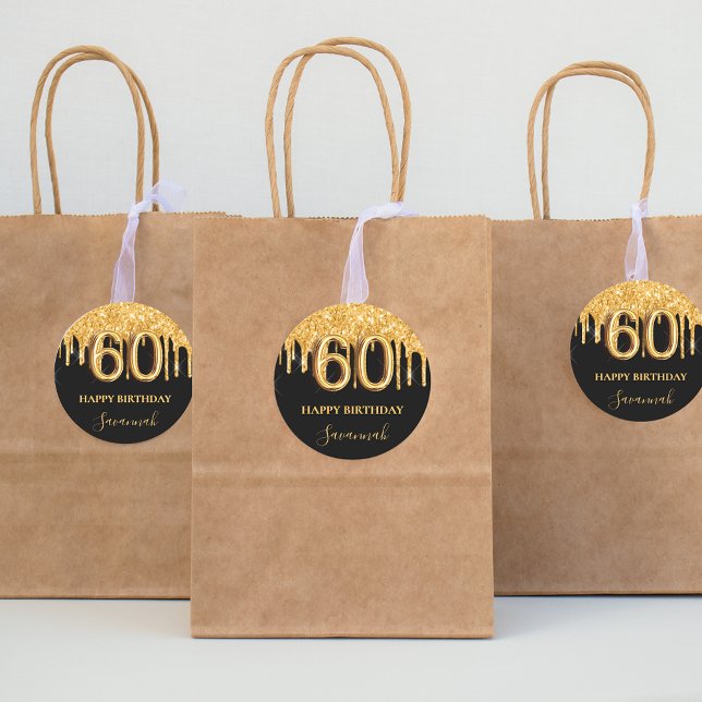 Pegatina Redonda 60.º fiesta de globo purpurina de oro negro (Subido por el creador)