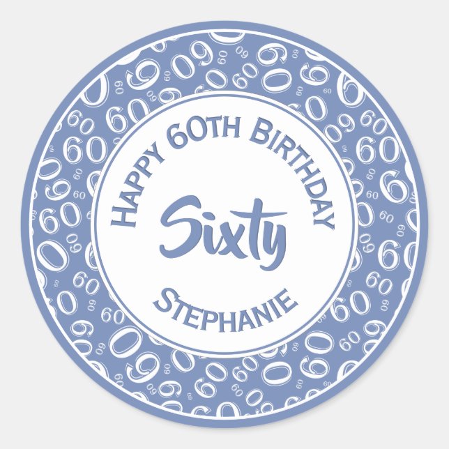 Pegatina Redonda 60.º patrón de número de cumpleaños 60 azul y blan (Anverso)