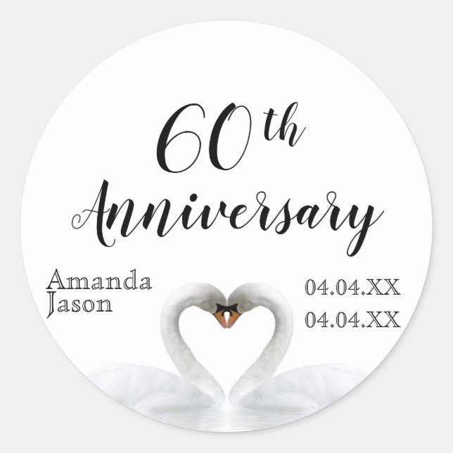Pegatina Redonda 60° aniversario del boda cisnes blancos con nombre (Anverso)
