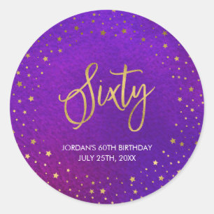 Pegatina Redonda 60.o cumpleaños de la acuarela púrpura estrellad