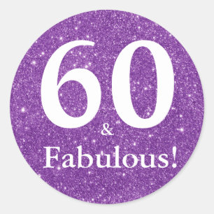 Pegatina Redonda ¡60 y fabuloso! Purpurina Púrpura Sesenta Aniversa