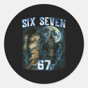 Pegatina Redonda 67 Camiseta Gráfica Divertida Lobo Alfa Meme Humor