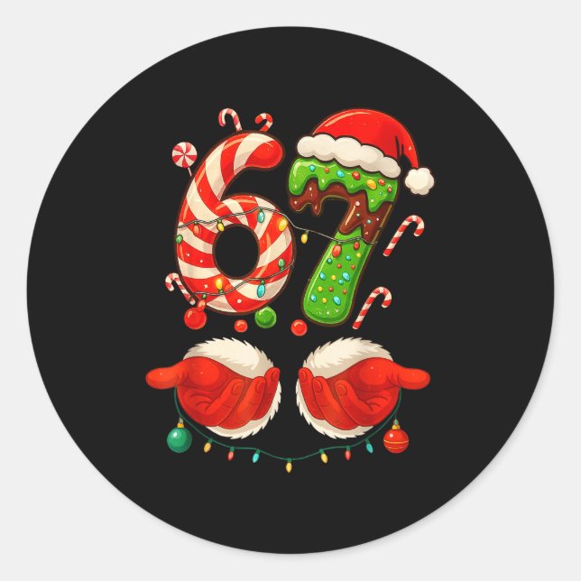 Pegatina Redonda 67 Christmas 6 7 Six Seven Meme 67 Candy Cane Xmas (Anverso)
