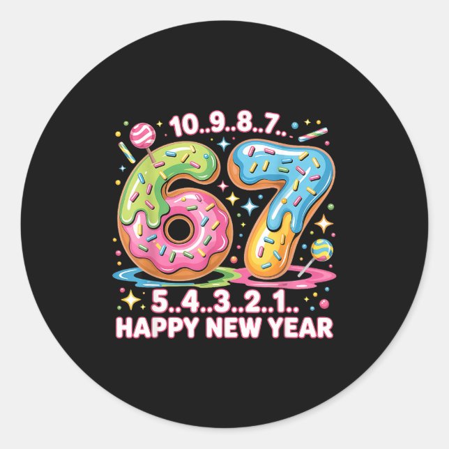 Pegatina Redonda 67 Countdown Happy New Year 2026 Funny Donut Numbe (Anverso)