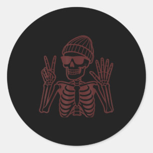 Pegatina Redonda 67 Halloween Esqueleto Signo de Paz Divertido Meme