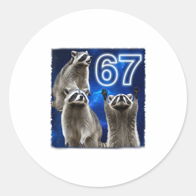 Pegatina Redonda 67 Meme Raccoon Howling At The Moon Parody Six Sev (Anverso)