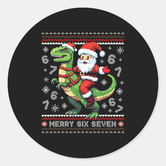 Pegatina Redonda 67 Merry Six Seven Santa T Rex Funny Ugly Christma (Anverso)