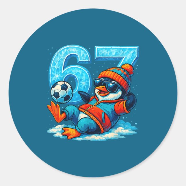 Pegatina Redonda 67 Penguin Soccer Funny Winter Meme Gift  (Anverso)