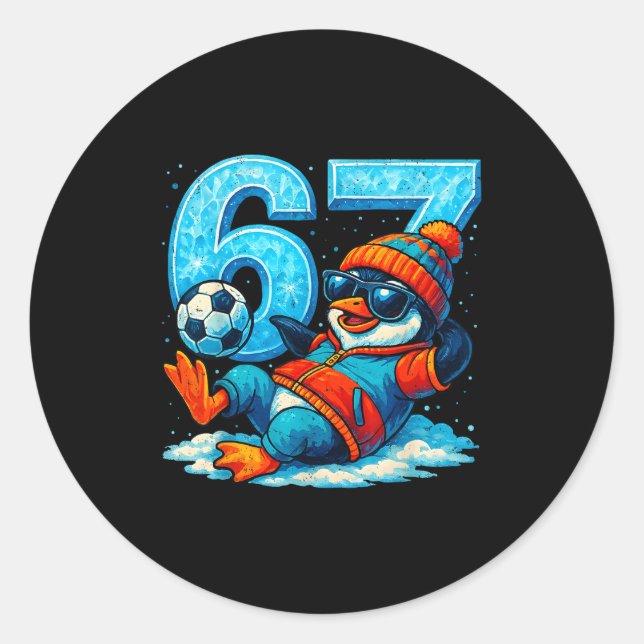 Pegatina Redonda 67 Penguin Soccer Funny Winter Meme Gift  (Anverso)