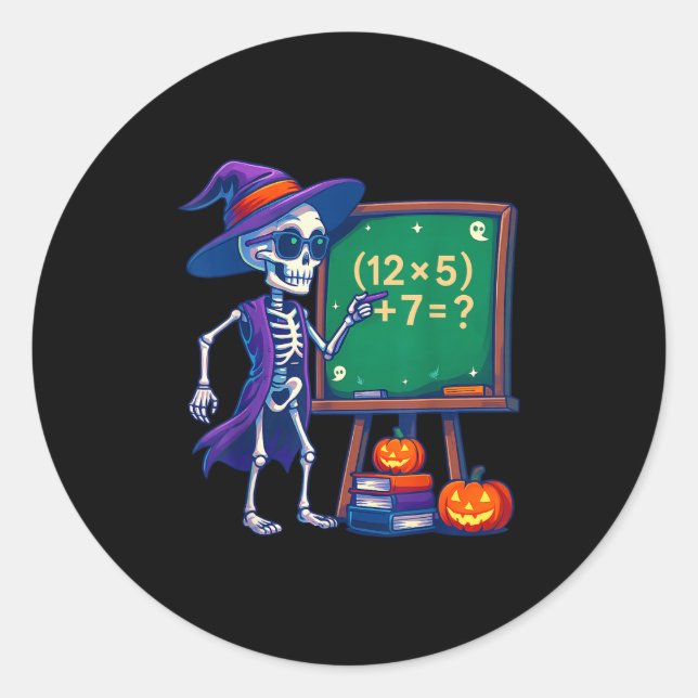 Pegatina Redonda 67 Teacher Halloween Skeleton Six Seven Meme Math (Anverso)