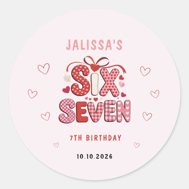 Pegatina Redonda 6 7 Birthday for Girls, Pink 7th Kids Party  (Anverso)