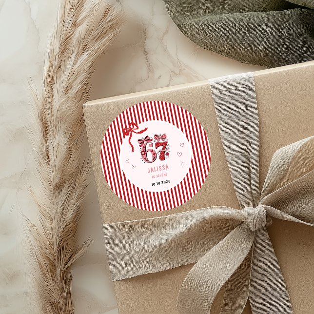 Pegatina Redonda 6 7 Birthday for Girls, Pink Kids 7th Birthday (6 7 round sticker for a birthday party)