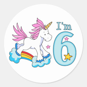 Pegatina Redonda 6° cumpleaños del arcoiris de Unicornio