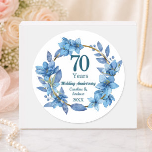 Pegatina Redonda 70º Aniversario de Boda Floral Azul Platino