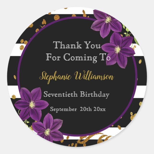 Pegatina Redonda 70.ª fiesta de cumpleaños | Gracias Purpurina negr (Anverso)