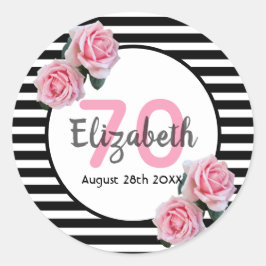 Pegatina Redonda 70 años rosas rosas rosas negras rayas blancas