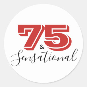 Pegatina Redonda 75 y SENSACIONAL negro y rojo 75 cumpleaños modern
