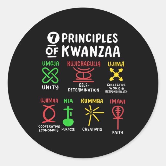 Pegatina Redonda 7 Principios De Kwanzaa Hombres Africanos Negros (Anverso)
