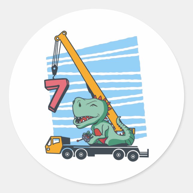 Pegatina Redonda 7 years 7th Birthday Mobile Crane Dinosaur (Anverso)