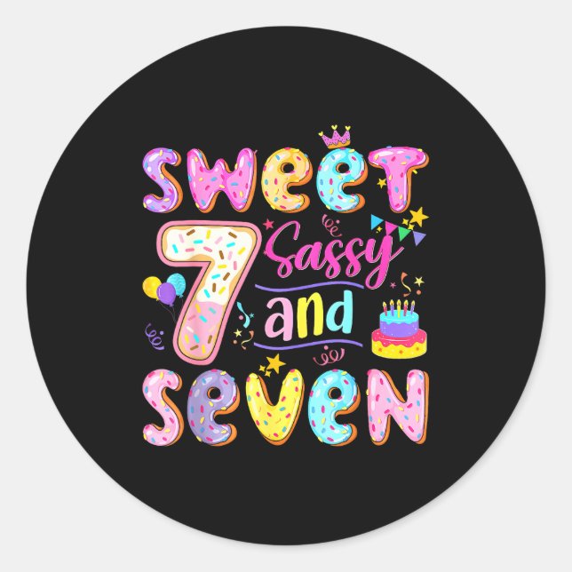 Pegatina Redonda 7th Birthday Girl Donut Sweet Sy And Seven Birthda (Anverso)