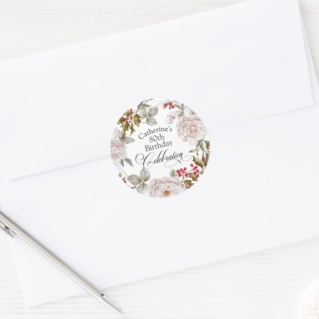 Pegatina Redonda 80.º cumpleaños elegante Floral de diciembre (Subido por el creador)