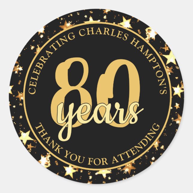 Pegatina Redonda 80.º cumpleaños Estrellas de oro y negro GRACIAS (Anverso)