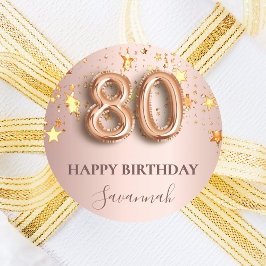 Pegatina Redonda 80 cumpleaños estrellas de oro rosa tipo globo ros