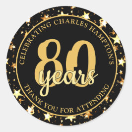Pegatina Redonda 80 Cumpleaños Estrellas Negras y Doradas GRACIAS