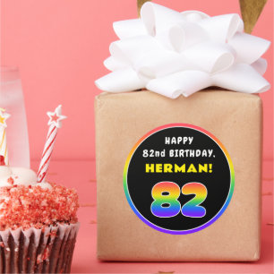 Pegatina Redonda 82º cumpleaños: arcoiris colorido # 82, nombre per