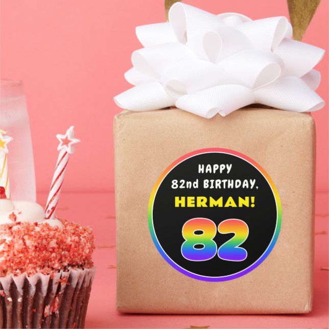 Pegatina Redonda 82º cumpleaños: arcoiris colorido # 82, nombre per (Fiesta)