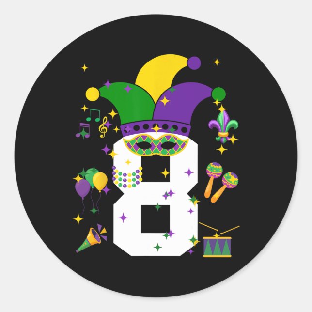 Pegatina Redonda 8.º cumpleaños Mardi Gras Tema Niños de 8 años (Anverso)