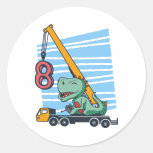 Pegatina Redonda 8 años 8.º cumpleaños Crane Dinosaur