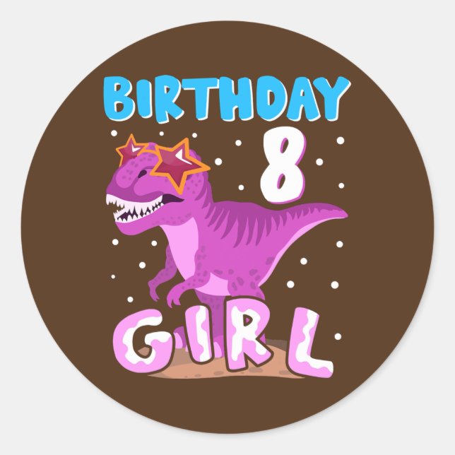 Pegatina Redonda 8 años Chica de cumpleaños Dinosaur T Rex (Anverso)