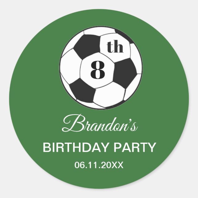Pegatina Redonda 8th Birthday Party Soccer Green Boys Sports (Anverso)