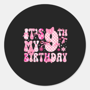 Pegatina Redonda 9º Cumpleaños Temático Coquette Nueve Años Niña Co