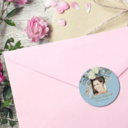 Pegatina Redonda 90.º Flamoroso Azul Dorado Elegante Foto Cumpleaño