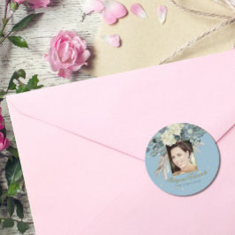 Pegatina Redonda 90.º Flamoroso Azul Dorado Elegante Foto Cumpleaño