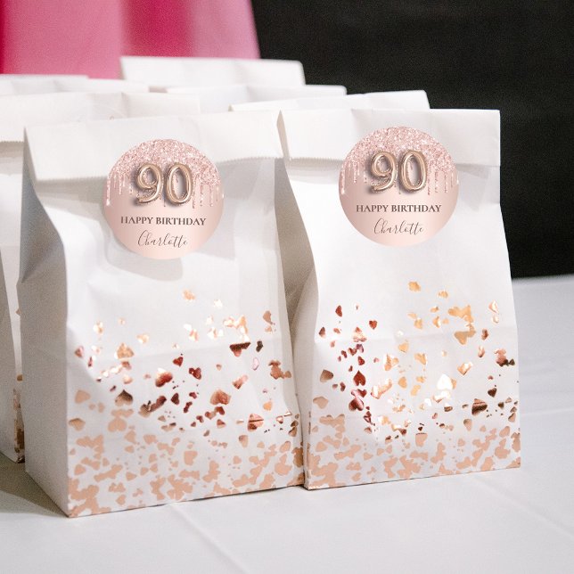 Pegatina Redonda 90 cumpleaños rosa purpurina oro estilo globo rosa (Subido por el creador)