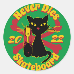 Pegatina Redonda 90, skateboard cat, skateboard nunca muere
