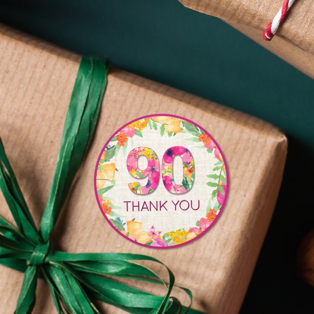 Pegatina Redonda 90 Years Flowers Linen 90th Birthday Gracias (Subido por el creador)