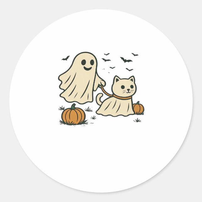 Pegatina Redonda 90s Cat Pumpkin Halloween Floral Spooky Season (Anverso)
