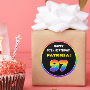 Pegatina Redonda 97 cumpleaños: arcoiris colorido # 97, nombre pers